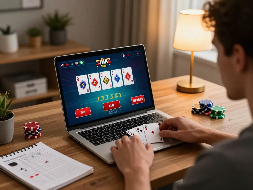 Player engaging in blackjack on bem88 in a cozy home office with vibrant graphics.
