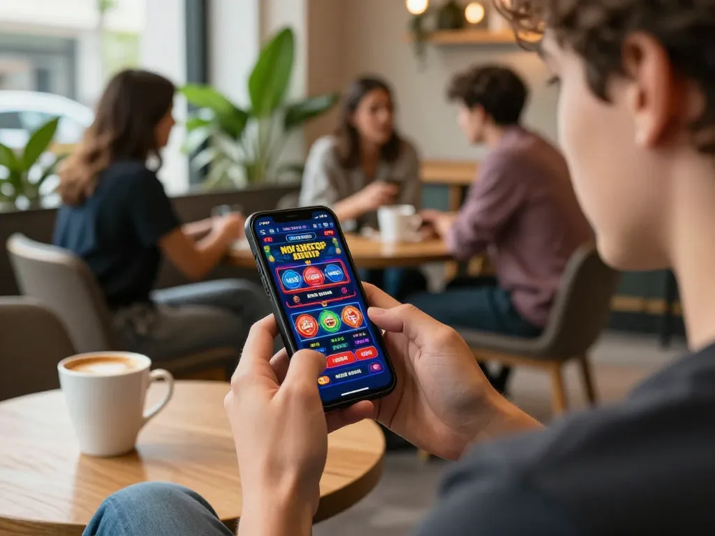 Player enjoying non gamstop casino games on smartphone in a lively cafe.