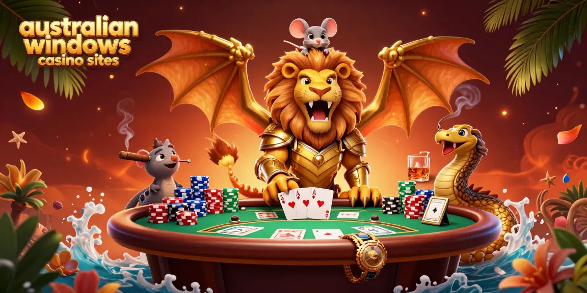 Engage in thrilling gameplay at australian windows casino sites with a vibrant 3D scene featuring poker and a chimera hero.