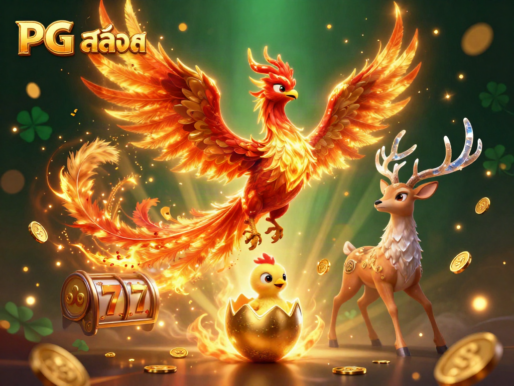Experience PG สล็อต excitement with dynamic illustrations of a phoenix, golden egg, and mystical stag.