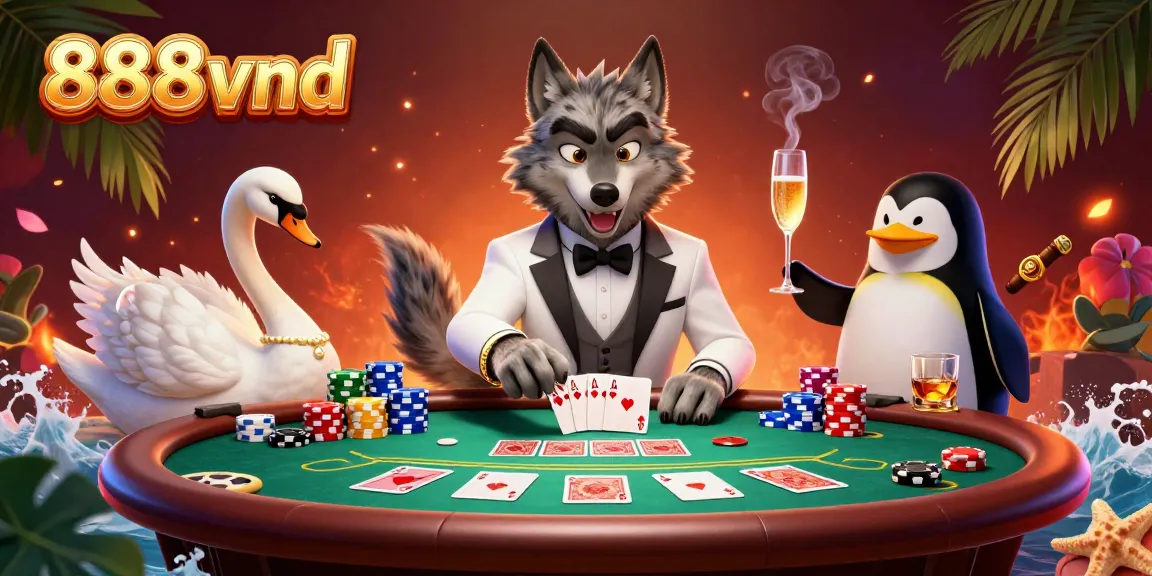 Engage in thrilling baccarat with 888vnd at a glamorous casino table featuring vibrant characters and dynamic elements.