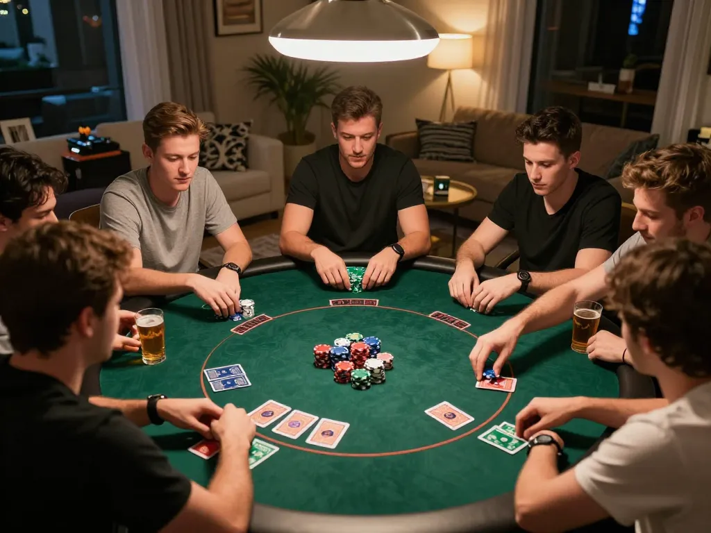 Players enjoying a thrilling home poker night at GO88, capturing strategic gameplay and social interaction.