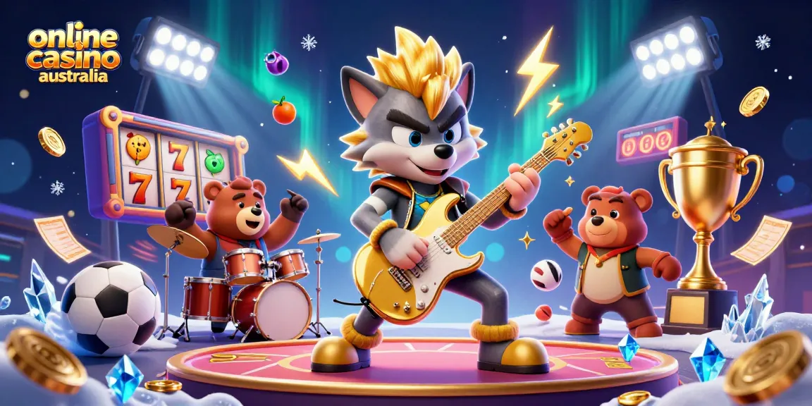 Experience the excitement of online casino Australia with a vibrant 3D illustration showcasing slot reels and sports elements.