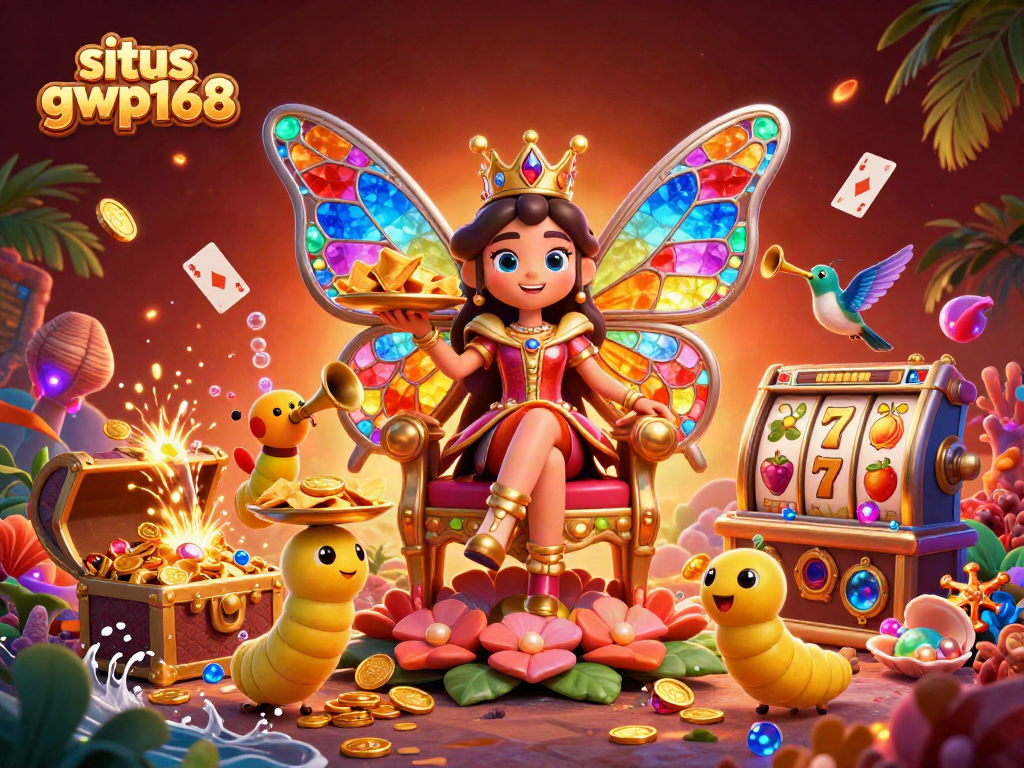 Visualisasi menarik situs GWP168 dengan ratu kupu-kupu dan simbol slot, mengundang para penjudi untuk bermain.