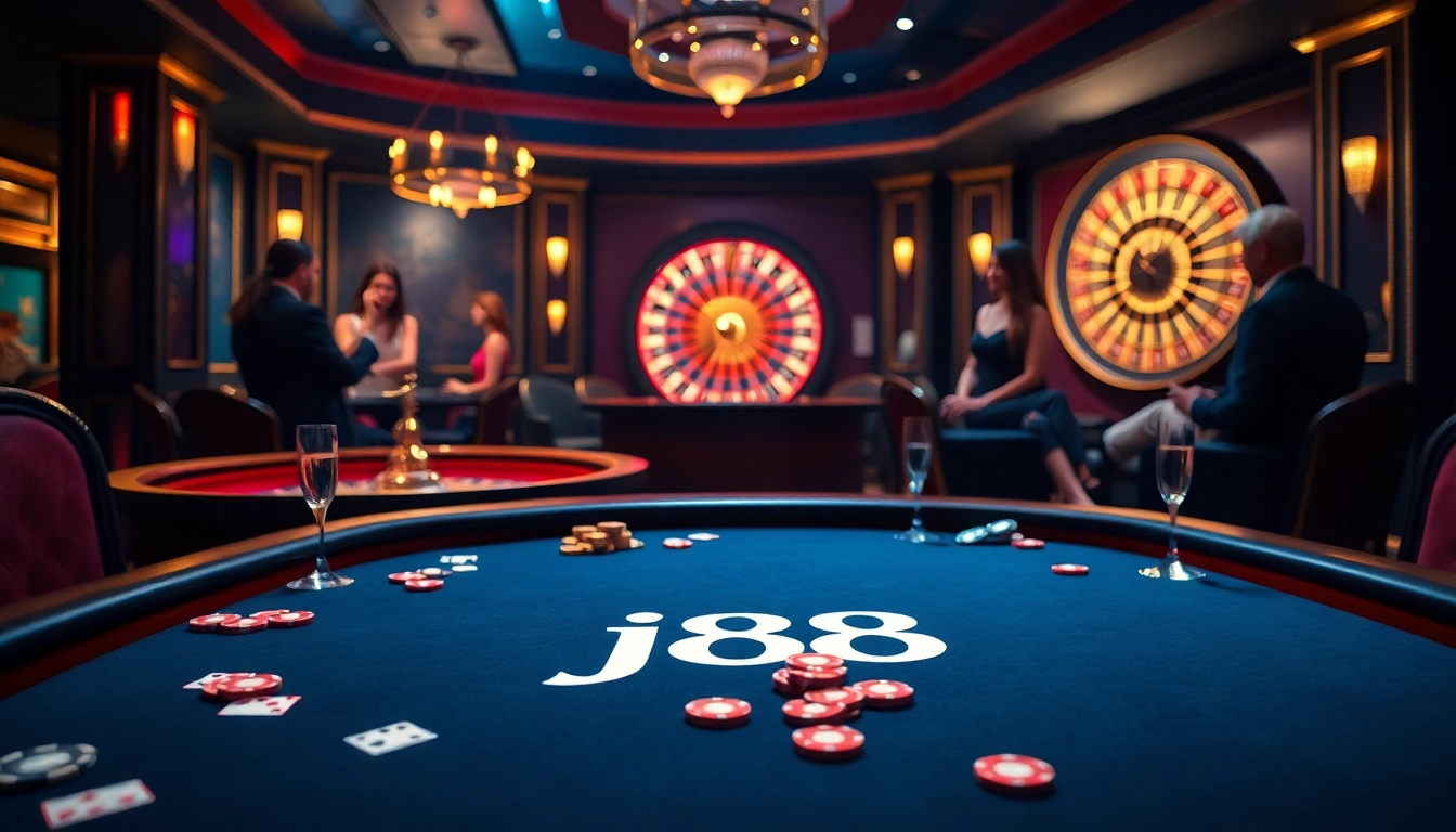 Exciting casino scene with j88 logo at a poker table, colorful chips, and roulette wheel.