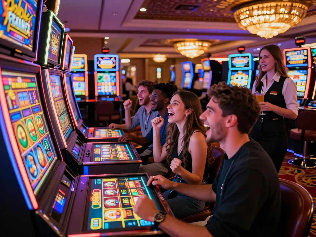 Suasana permainan slot link yang mengasyikkan dengan pemain merayakan kemenangan di atmosfer kasino yang penuh warna.