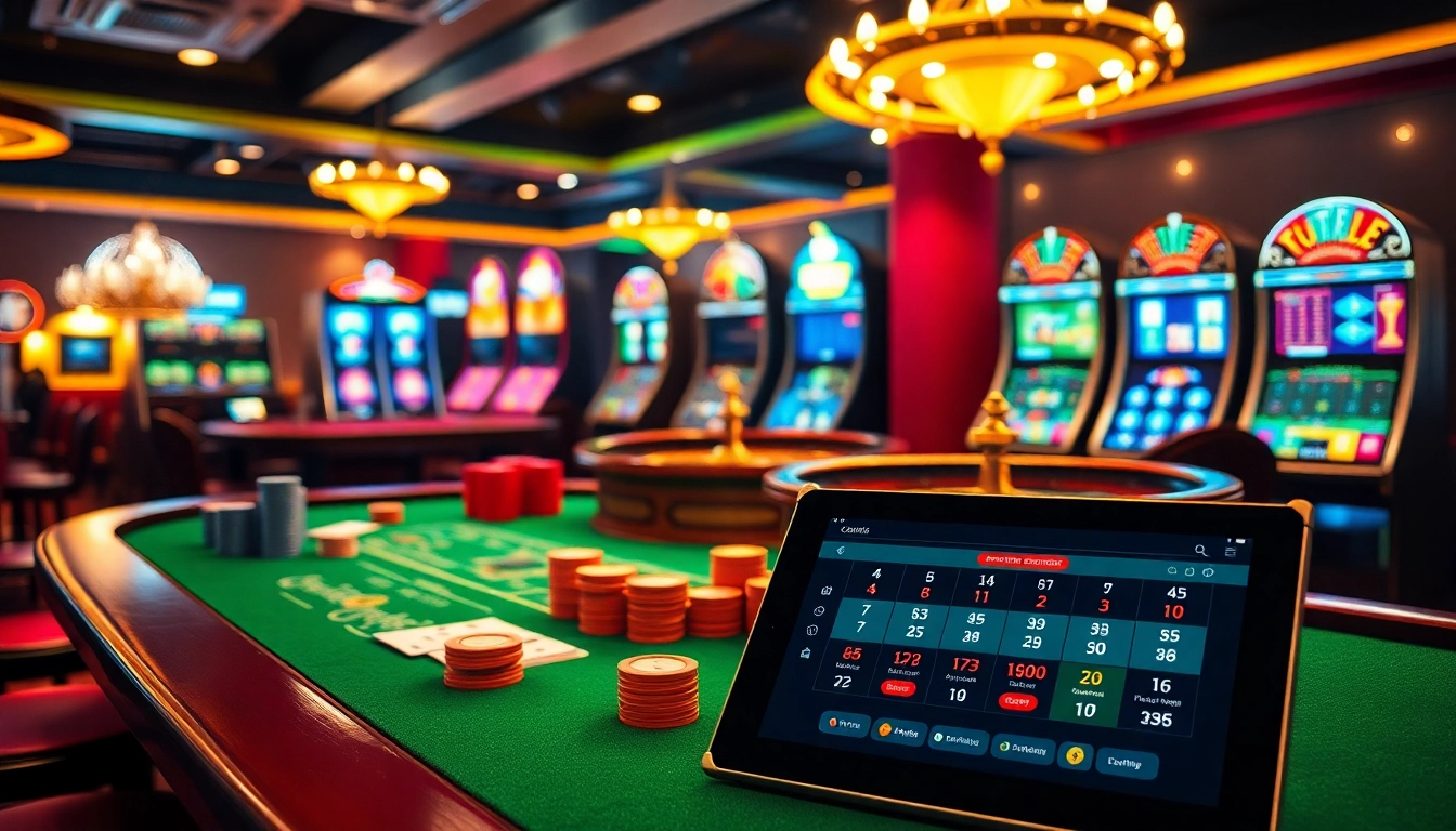 Gaming table at for88 casino featuring cards, chips, and a roulette wheel, perfect for thrilling gambling experiences.