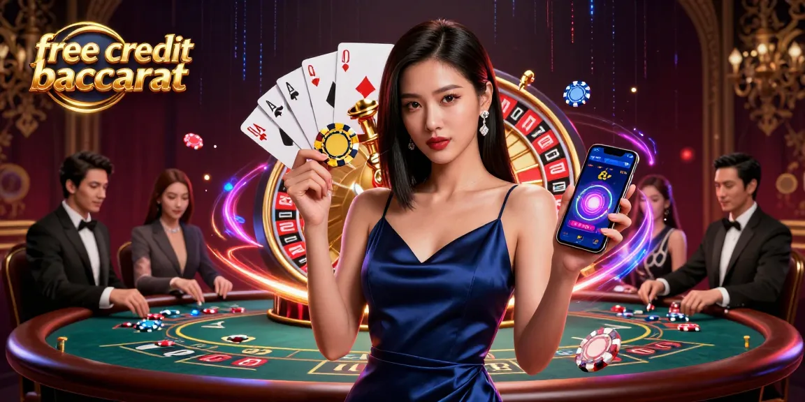 Experience free credit baccarat with an elegant woman displaying a casino app amidst vibrant gaming themes.