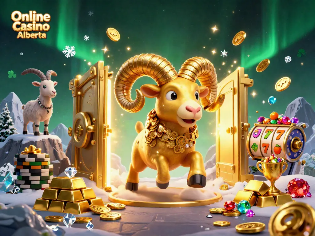 Experience thrilling gameplay at Online Casino Alberta with dynamic 3D illustrations of slots and vibrant treasures.