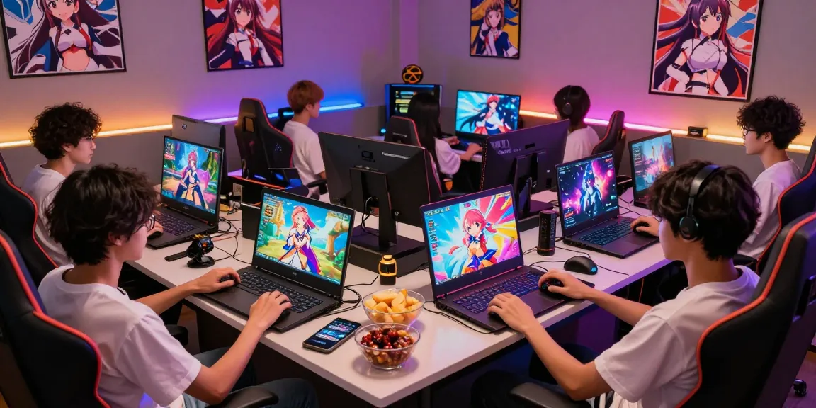 Engaged gamers playing various hentai games together in a vibrant gaming lounge.