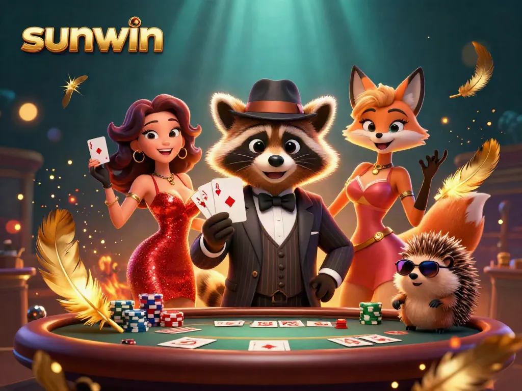 Experience thrilling gameplay with Sunwin as a charming raccoon, fox, and hedgehog enjoy an exciting poker session.