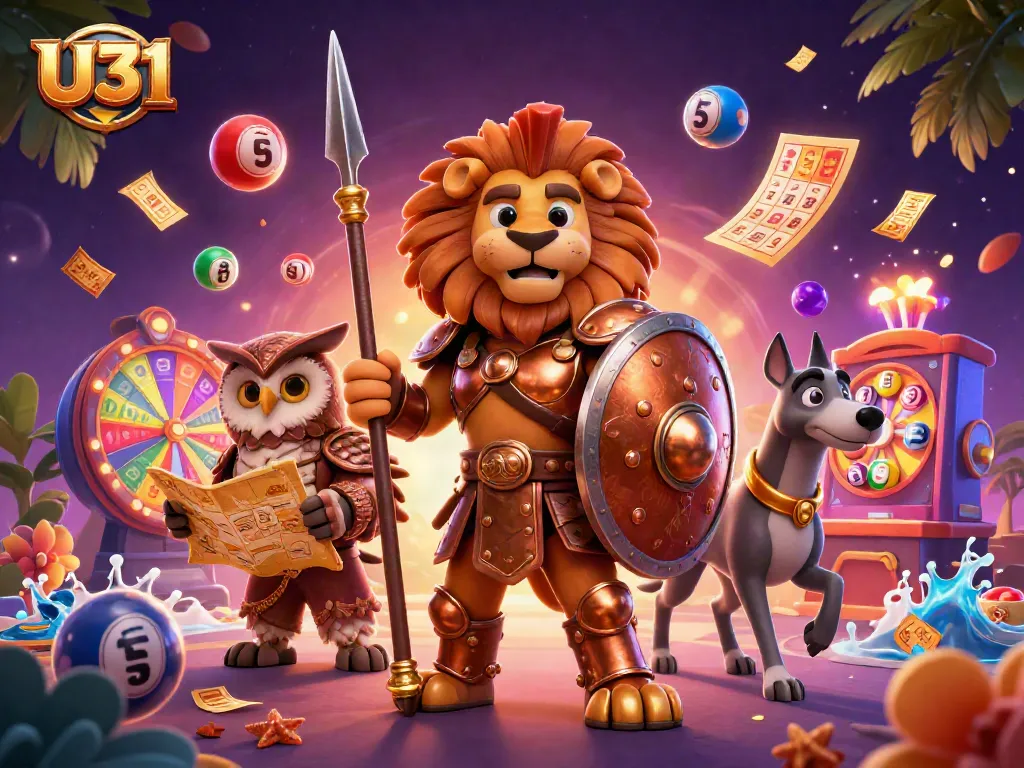 U31 presents thrilling casino action with a Spartan lion, tactical owl, and swift greyhound amidst vibrant game elements.