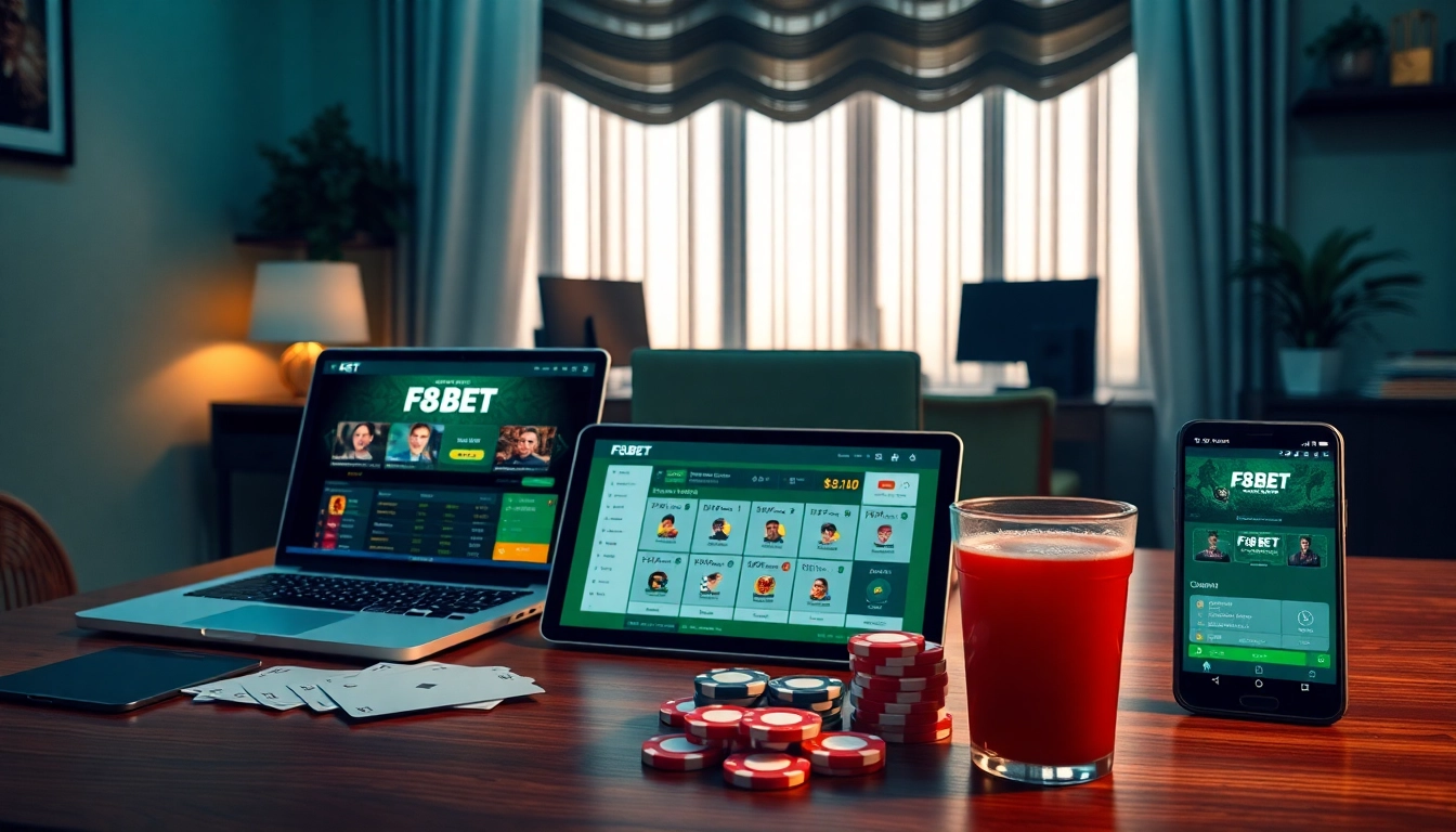 Experience F8 BET in a luxurious, modern online gambling setting with multiple devices.