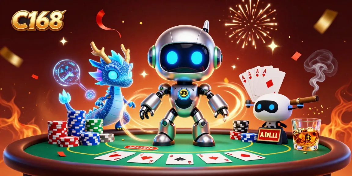 Join the excitement at C168 with neon-lit characters celebrating a poker win!