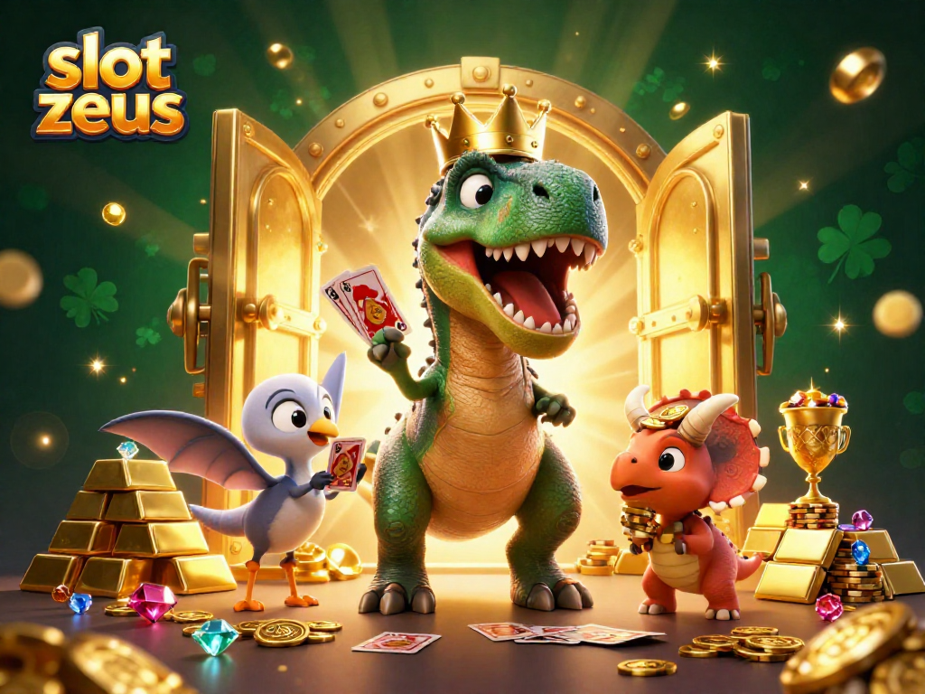 Experience thrilling wins with slot zeus as a T-Rex and friends shuffle cards amidst riches.