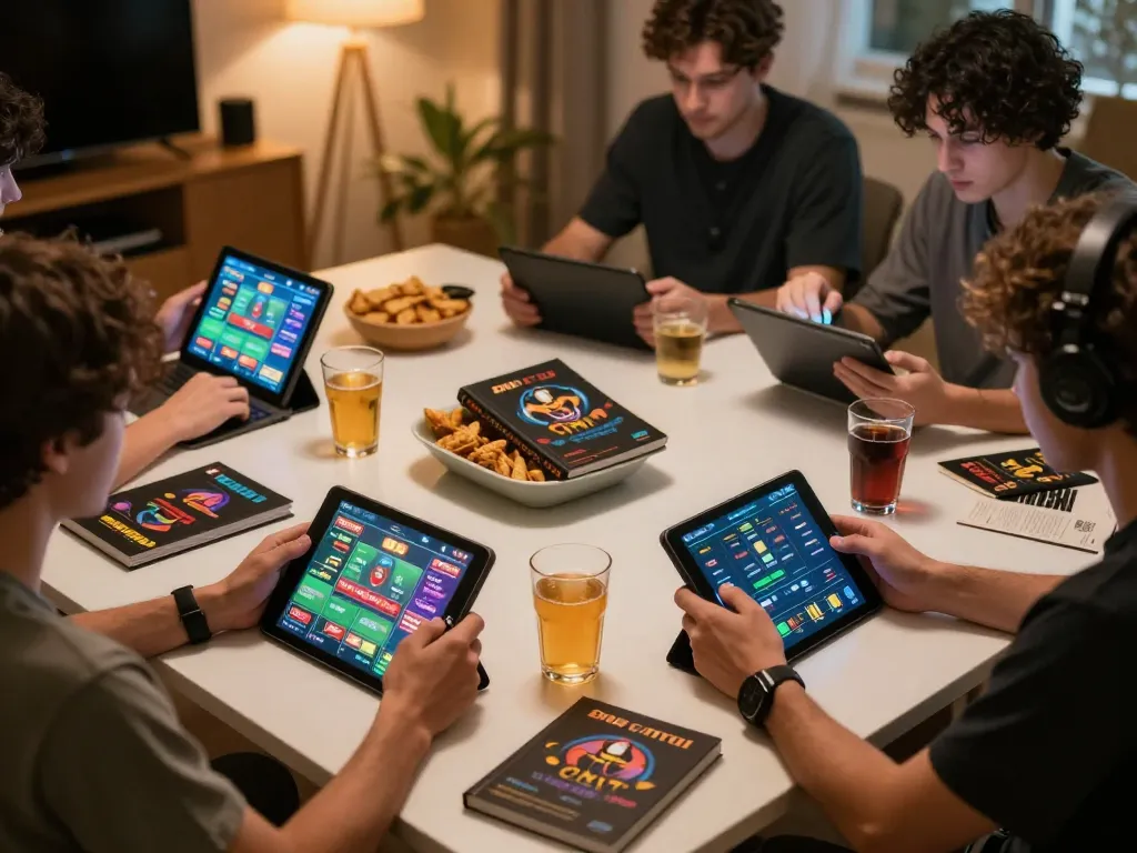 Players engaging with dn88 gaming app on tablets and smartphones in a cozy home setting, showcasing dynamic online gambling