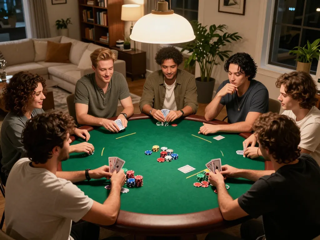 Friends playing poker at home showcasing strategies while discussing m110 betting tactics.