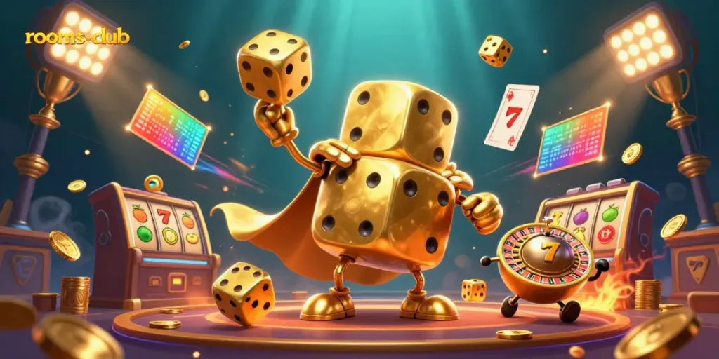 Ilustrasi kasino digital menarik di rooms-club dengan dadu emas dan simbol slot