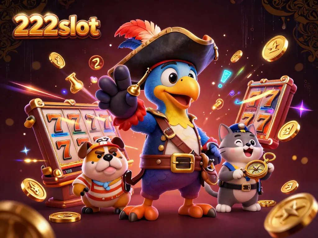 Gali kesenangan bermain 222slot dengan jackpot menggiurkan di tengah karakter kasino yang penuh warna.