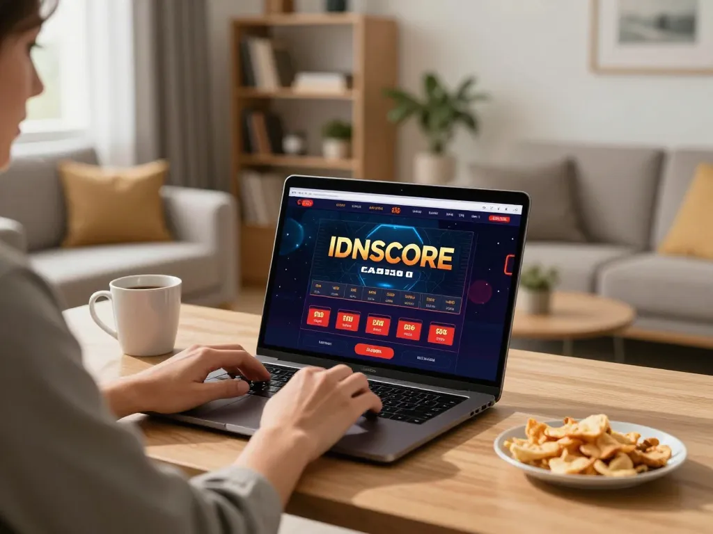 IDNSCORE online casino gaming session in a cozy living room with a focused player.