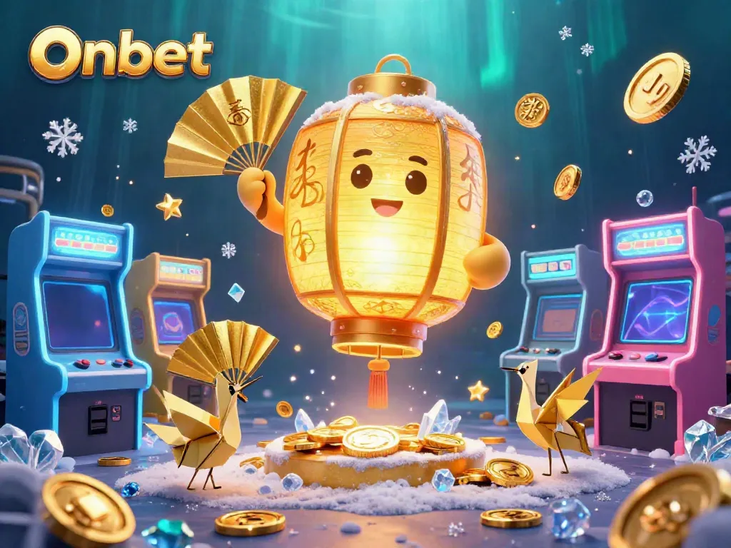 Experience thrilling gameplay at Onbet's vivid casino scene featuring golden lantern spirit, arcade machines, and game symbols.