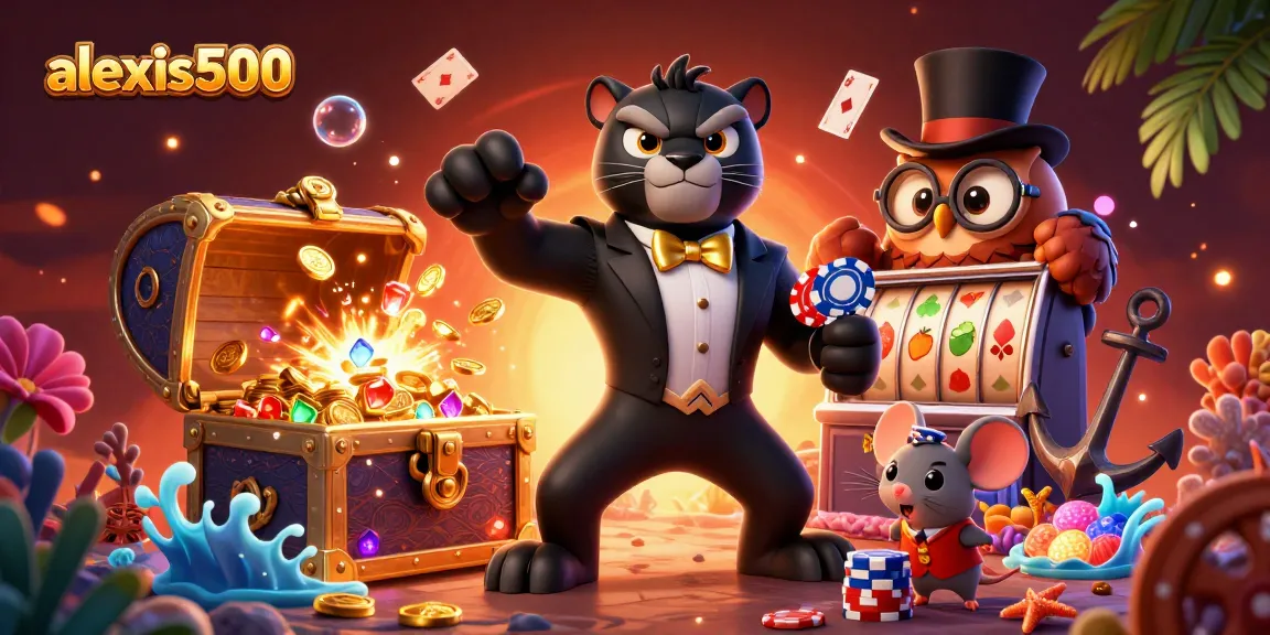Spin reels at alexis500 with a stylish panther in tuxedo and owl dealing poker chips.