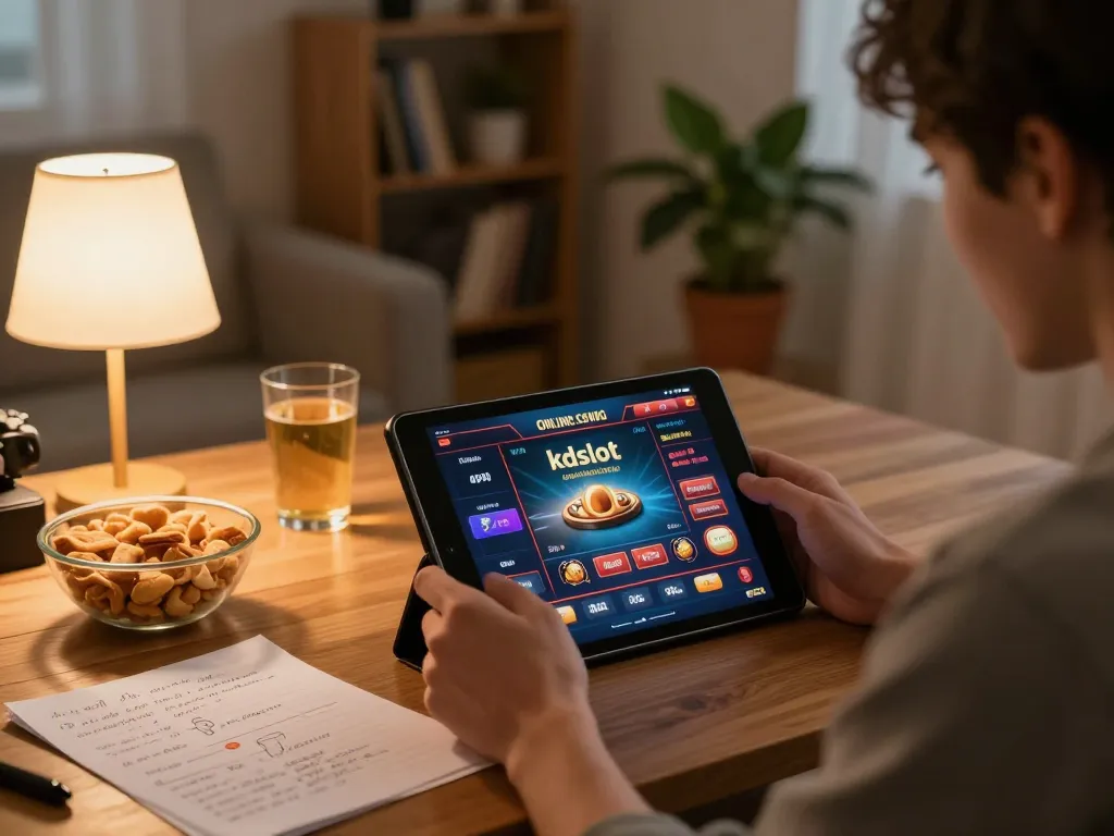 Engaging moment with a player enjoying kdslot online casino on tablet, cozy home setup.