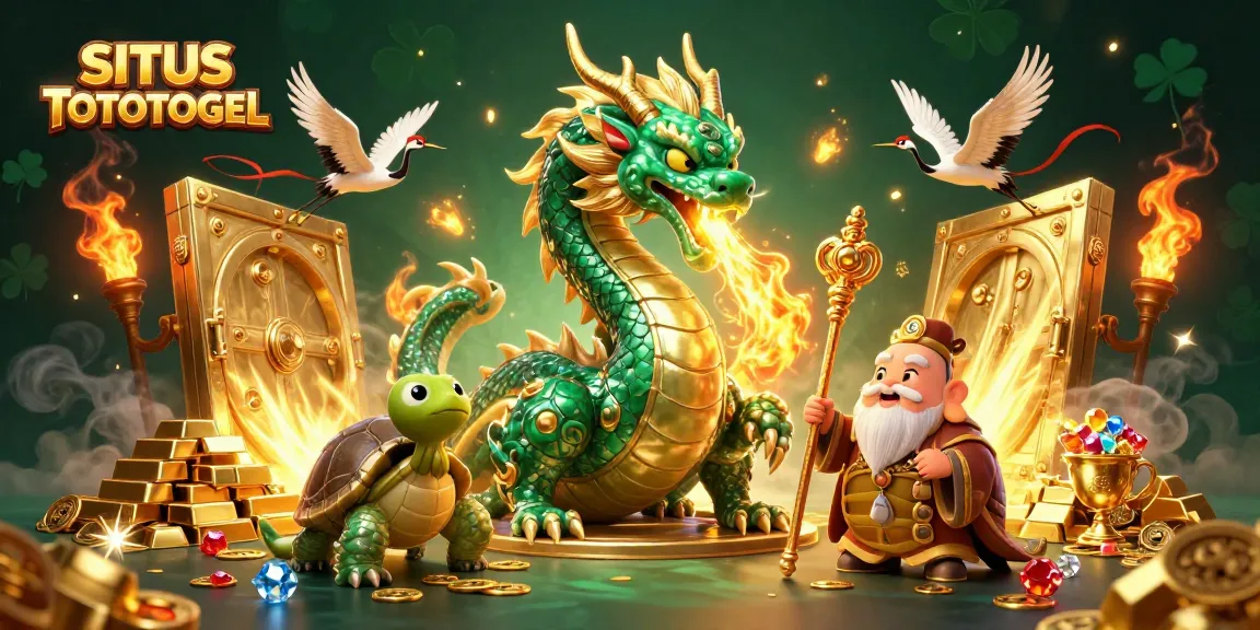 Experience excitement with SITUS TOTOTOGEL as an emerald dragon, wise turtle, and lucky cranes surround vibrant casino treasures.