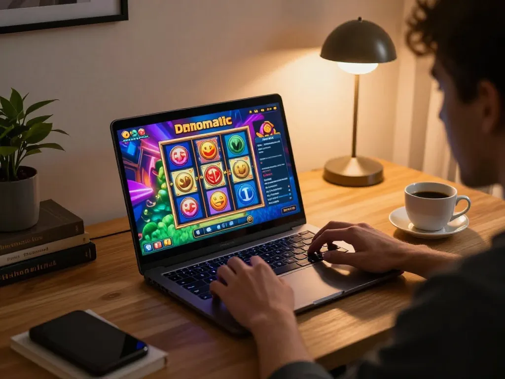 Engaging with Demo Slot Pragmatic in a stylish home gaming setup, showcasing online gaming
