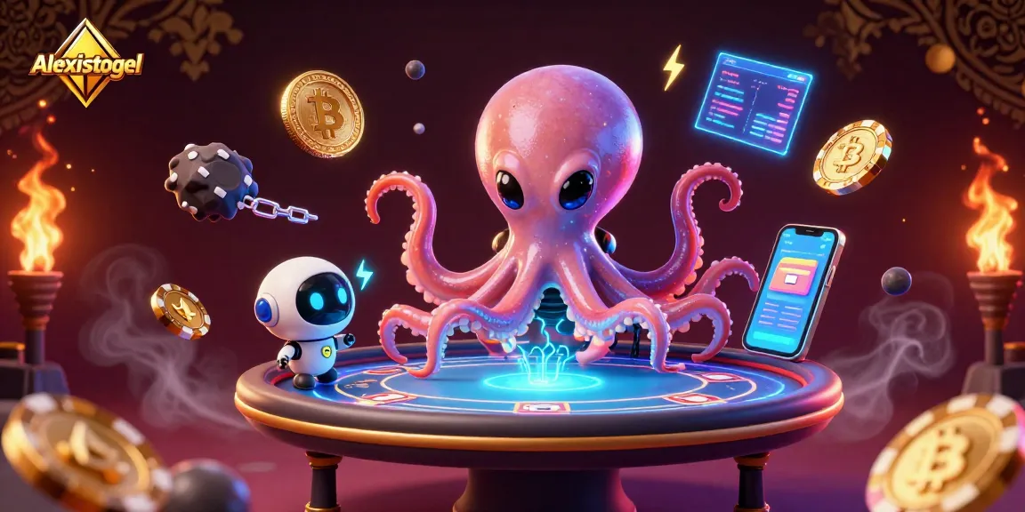 Menampilkan Alexistogel, asteroid chip poker dan robot di meja poker holografis dalam suasana kasino futuristik.