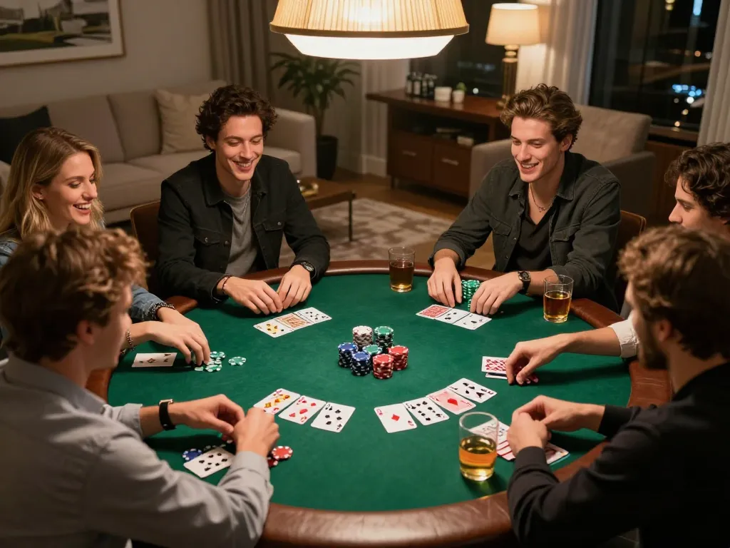 Engaged friends strategizing during a lively poker game, showcasing dynamic poker actions within a cozy setting, highlighting togel sgp insights.