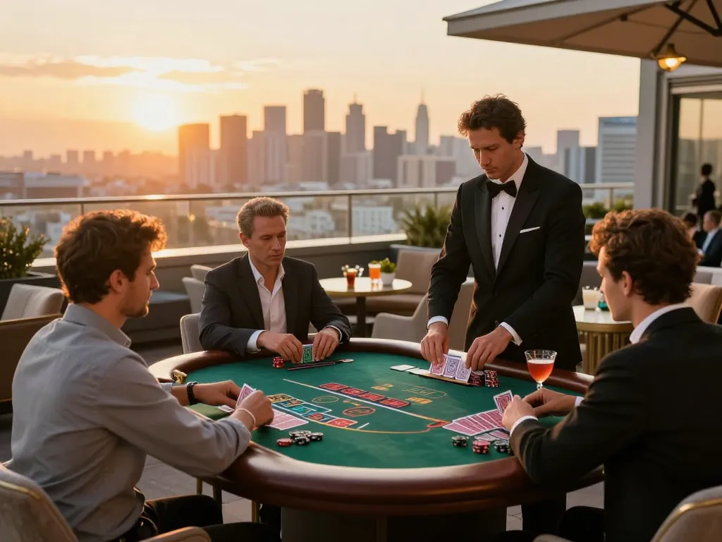 Experience g28's thrilling blackjack action on an upscale terrace during sunset.