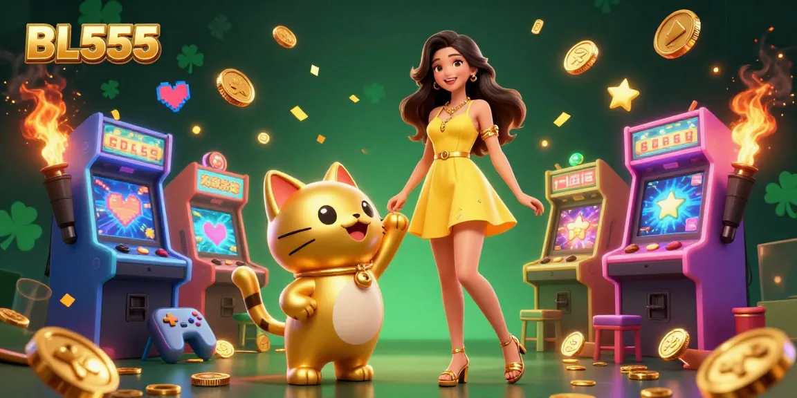 Win big at BL555 with a cheerful Asian woman and a lucky cat in a gaming paradise.