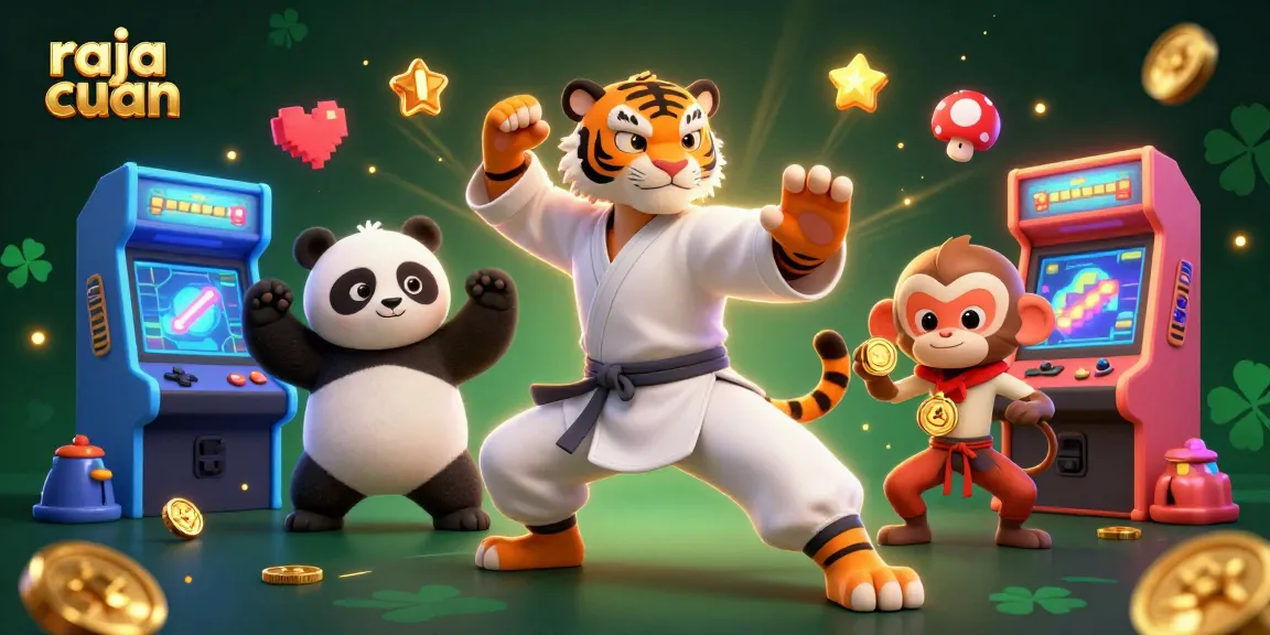 Raja Cuan menampilkan harimau kungfu dan panda di kasino slot, mendemonstrasikan strategi kemenangan.