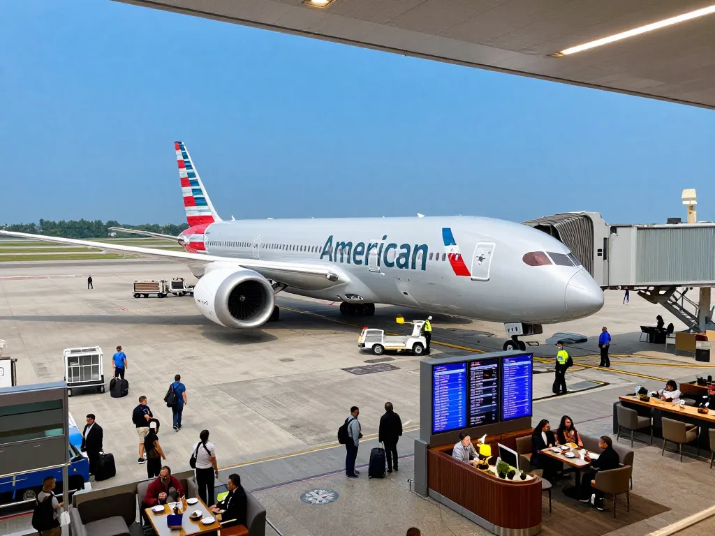 Travelers boarding the American Airlines 789P Dreamliner at a busy airport terminal, capturing excitement and modern aviation.