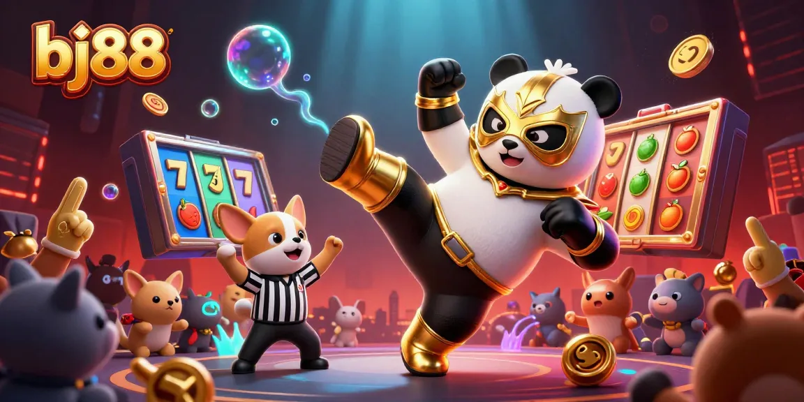 Experience the thrill of bj88 with a dynamic scene featuring a wrestler panda and exciting casino elements.