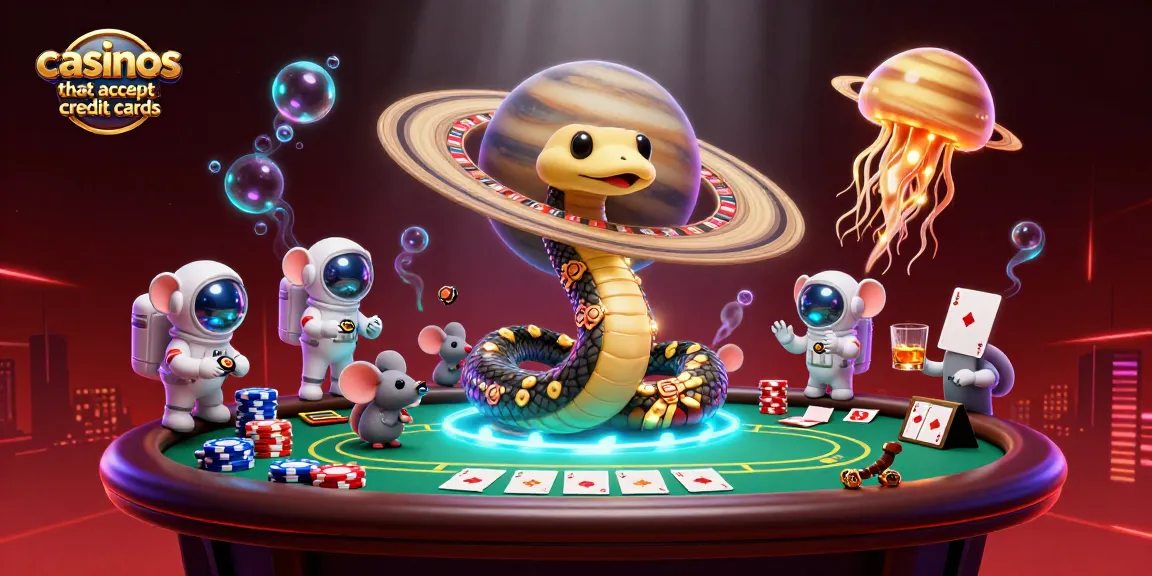 Casinos that accept credit cards: Tiny astronaut mice placing bets on a cosmic roulette wheel of Saturn's rings.