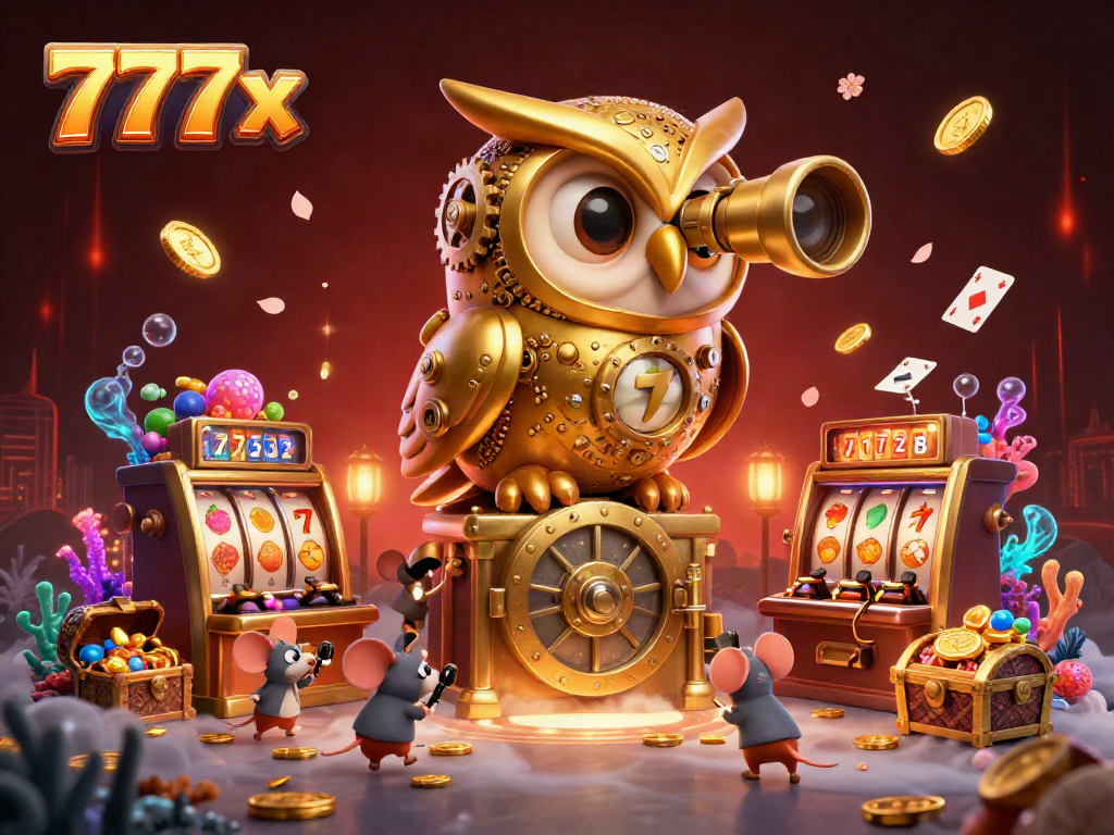 Experience the vibrant casino world of 777x with a golden owl overseeing dynamic plays among colorful slots.