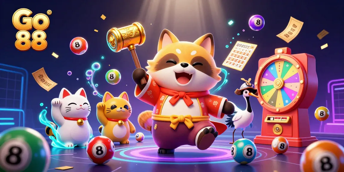 Engage with Go 88's vibrant online casino experience featuring cheerful characters and festive elements.