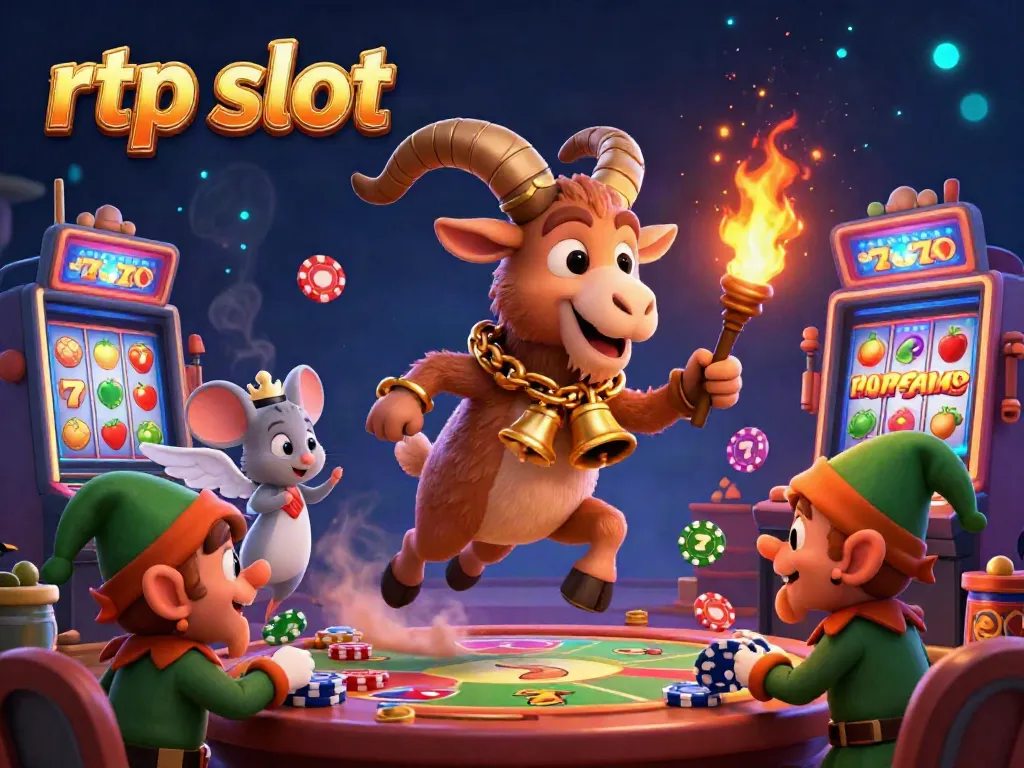 Engaging rtp slot scene featuring Krampus, an angel mouse, and elf gremlins in a vibrant casino.