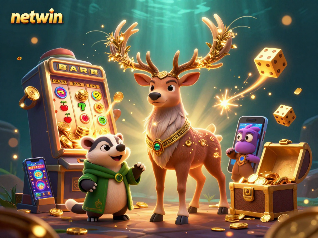 Experience the excitement of netwin with a vibrant 3D illustration of joyful casino gaming.