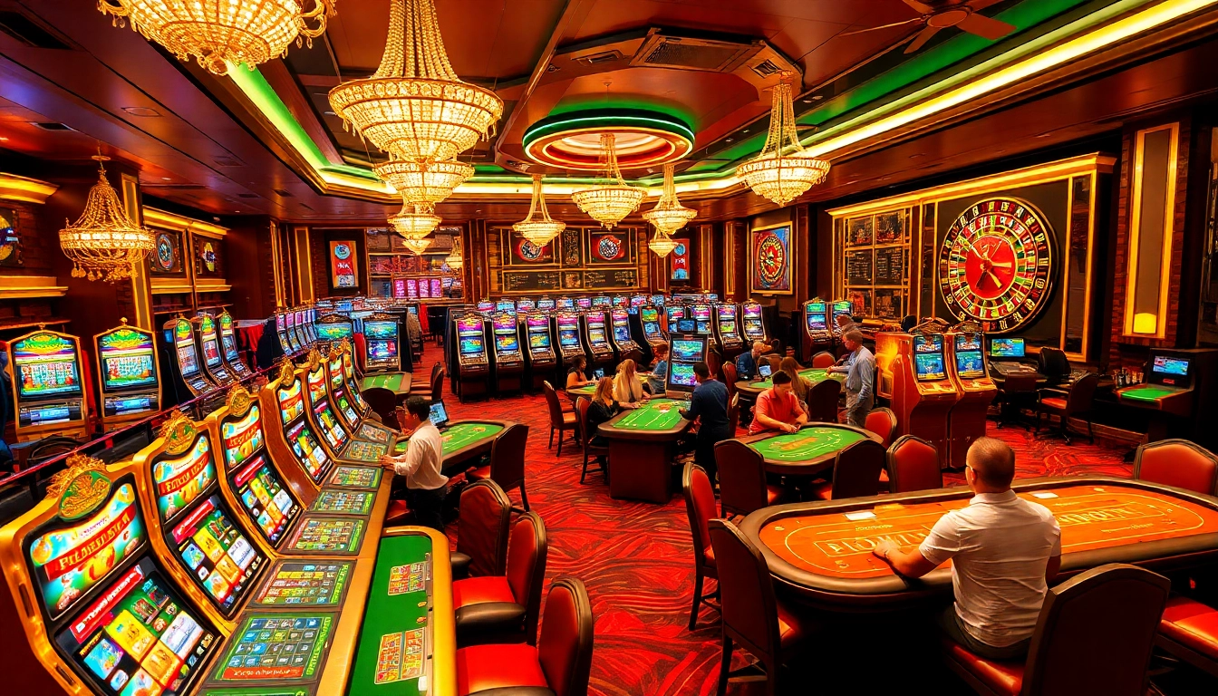 Playing exciting casino games at AU88, featuring vibrant slots, poker tables, and roulette wheels.