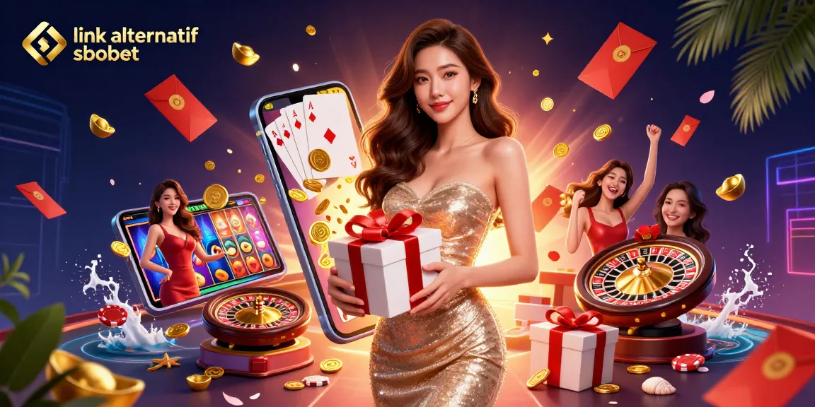 Experience the thrill of online betting with link alternatif sbobet in a festive casino scene filled with excitement and winnings.