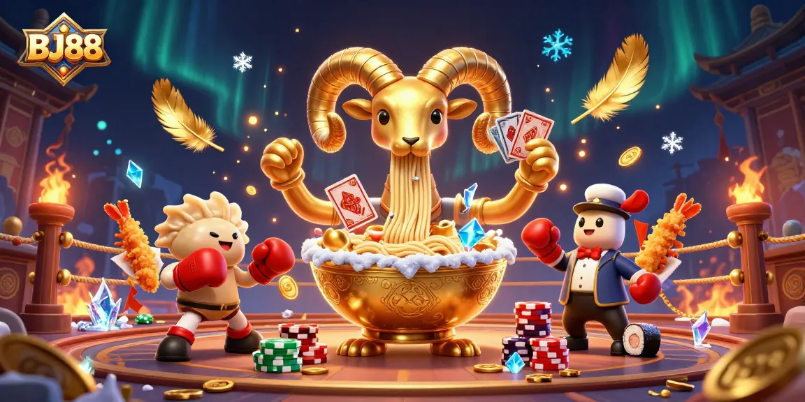 BJ88 showcases a vibrant casino scene featuring a ramen bowl dealer, cards, and lively cheerleaders.