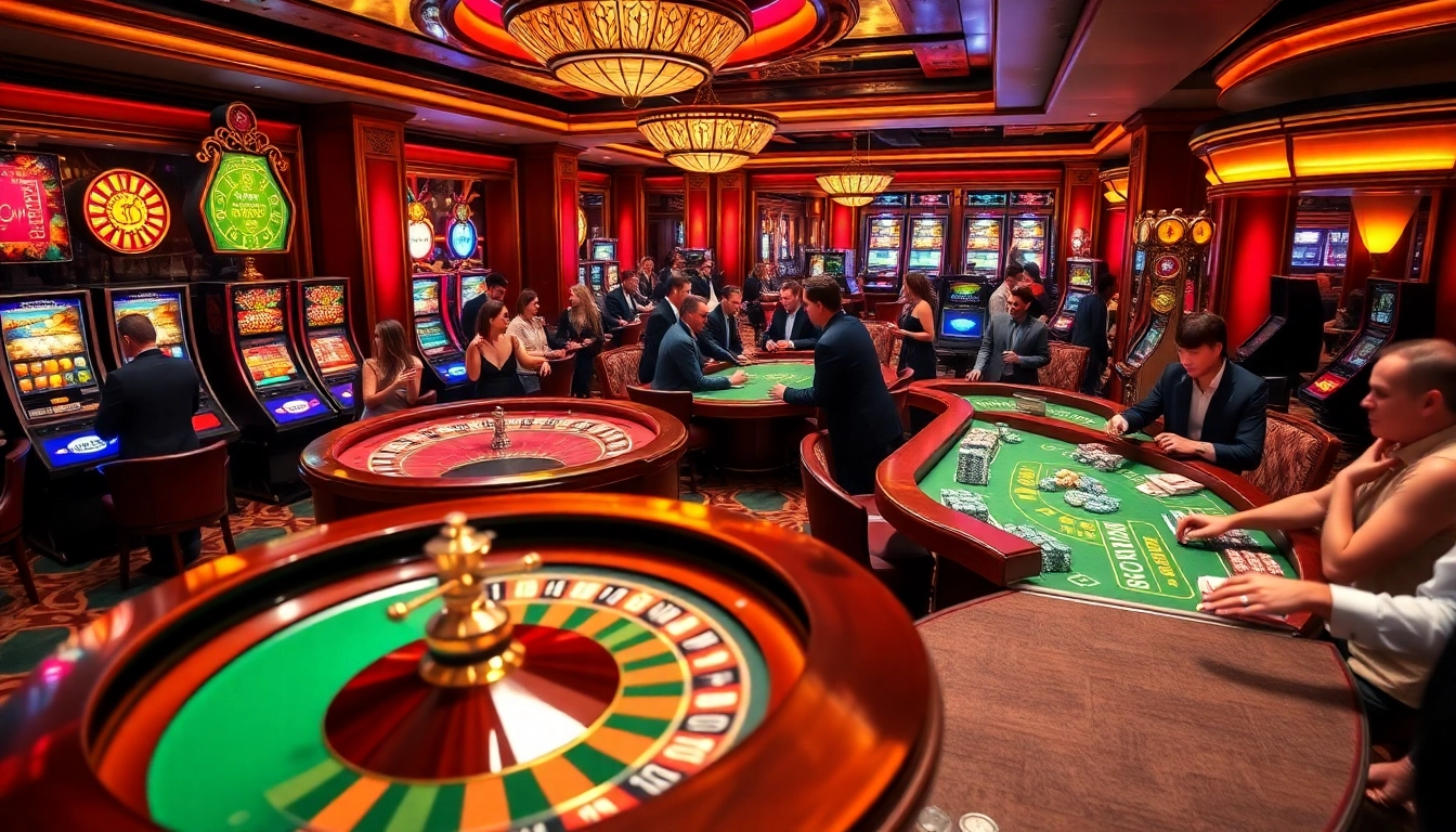 Exciting gaming scene at rikvip casino with roulette and poker tables.