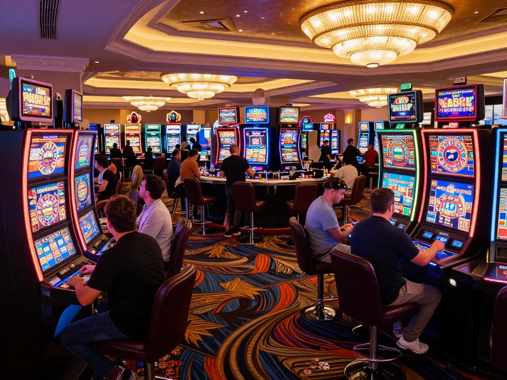 Engaging scene of players enjoying kp88 slots in a vibrant Las Vegas casino atmosphere