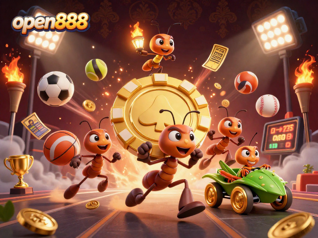 Open888 graphic showcasing an exciting heist with ants and sports elements in a cartoon casino setting