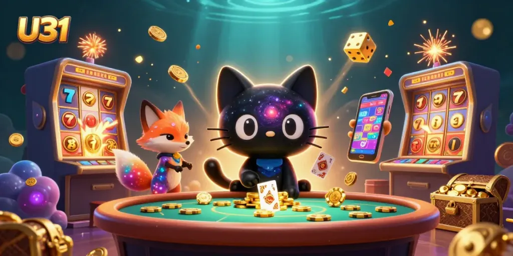 Engage with U31's exciting slot machines and vibrant cosmic gaming environment, featuring golden chips and cards.