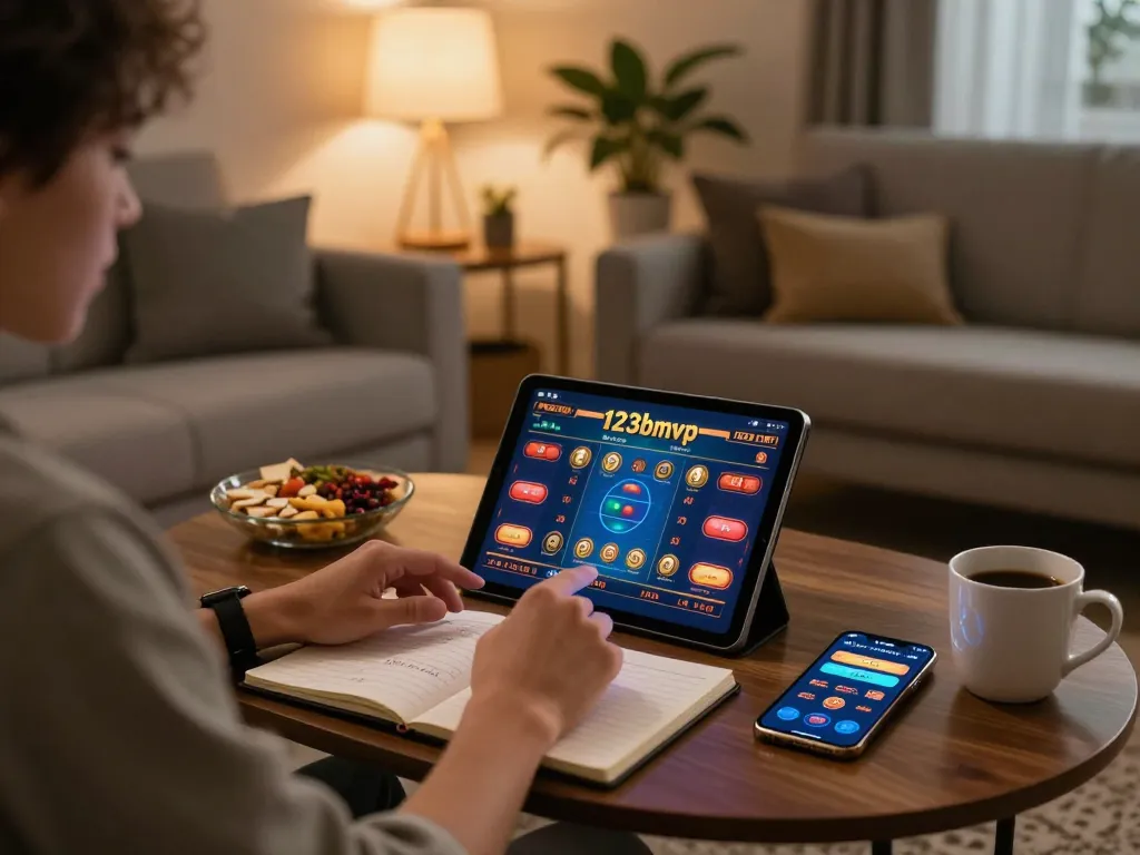 Engaged user playing casino games on 123bmvp app from a cozy home setting with snacks and strategy notes.
