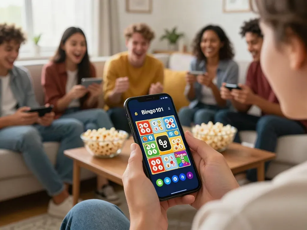 Exciting Bingo app download apk experience with friends enjoying gaming on a smartphone in a cozy living room.